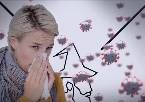 19の細胞と病気の女性の構成は彼女の鼻を吹いている 世界的なコロナウイルスのパンデミックと健康の概念はデジタルで生成され — ストック写真