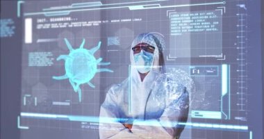 Dijital ekranın arkasında, kovid 19 hücre ve tıbbi verilerle erkek bilim adamının animasyonu. küresel koronavirüs salgını, teknoloji, bilim ve tıp konsepti dijital olarak oluşturulmuş video.