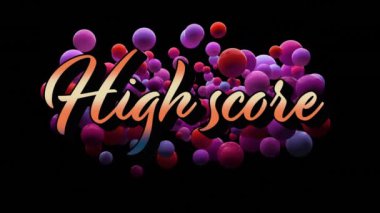 Siyah üzerine kırmızı ve mor toplar üzerinde gradyan turuncuyla yüksek skorlu metin animasyonu. Retro video oyunu konsepti dijital olarak oluşturuldu.