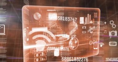 Sayıların değişmesi ve dijital simgelerin ekran üzerinde canlandırılması. dijital arayüz, bağlantı ve iletişim konsepti dijital olarak oluşturulmuş video.