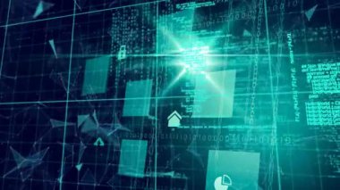 Çevrimiçi yeşil güvenlik kilitlerinin canlandırılması ve parlayan arka planda veri işlemesi. dijital arayüz, bağlantı ve iletişim konsepti dijital olarak oluşturulmuş video.