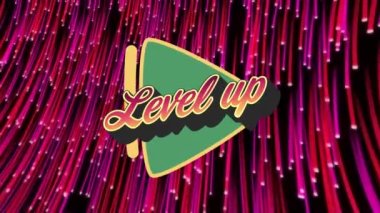 Arkaplandaki pembe ışık izlerindeki yeşil oynatma düğmesi üzerinden metin düzeyinin canlandırılması. Retro video oyunu konsepti dijital olarak oluşturuldu.