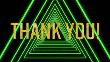 Yeşil, parıldayan üçgenlerin üzerinde sarı harflerle yazılmış teşekkür mesajı animasyonu. Retro video oyunu konsepti dijital olarak oluşturuldu.