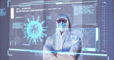 Dijital ekranın arkasında, kovid 19 hücre ve tıbbi verilerle erkek bilim adamının animasyonu. küresel koronavirüs salgını, teknoloji, bilim ve tıp konsepti dijital olarak oluşturulmuş video.