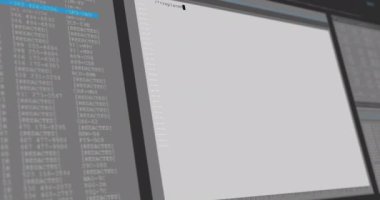 Gri ve mavi bilgisayar ekranlarında veri işleme animasyonu. küresel teknoloji veri işleme ve hesaplama kavramı dijital olarak oluşturulmuş video.