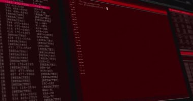 Kırmızı bilgisayar ekranlarında veri işleme animasyonu. küresel teknoloji veri işleme ve hesaplama kavramı dijital olarak oluşturulmuş video.