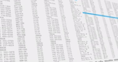 Beyaz ve mavi bilgisayar ekranında veri işleme animasyonu. küresel teknoloji, programlama ve hesaplama konsepti dijital olarak oluşturulmuş video.