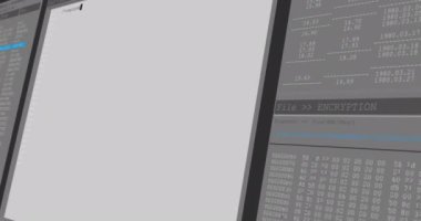 Gri bilgisayar ekranlarında veri işleme animasyonu. küresel teknoloji veri işleme ve hesaplama kavramı dijital olarak oluşturulmuş video.