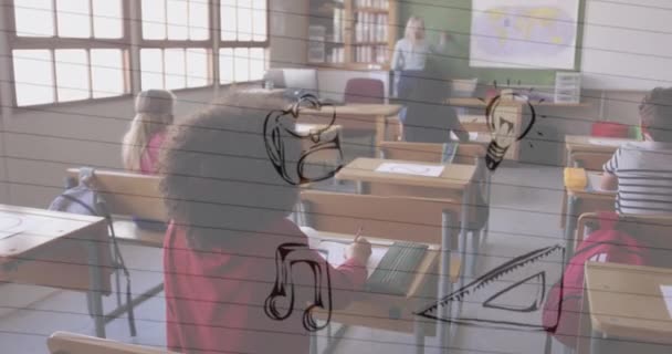 Многочисленные Иконы Школьной Концепции Плавают Против Женской Педагогической Группы Учащихся — стоковое видео