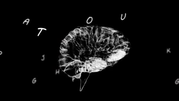 Múltiples Alfabetos Cambiantes Flotando Contra Cerebro Humano Girando Sobre Fondo — Vídeo de stock