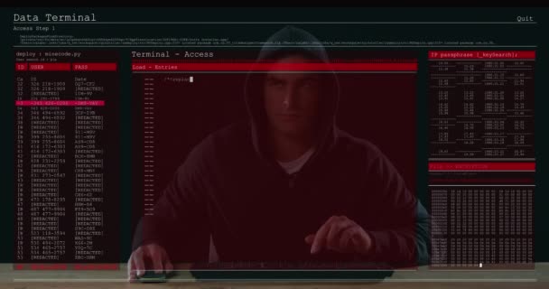 Animation Data Processing Computer Screens Male Hacker Using Computer Global — Stock Video