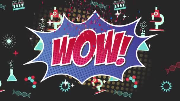 Animation Wow Text Retro Speech Bubble Confetti Falling Science Icons — Stock Video