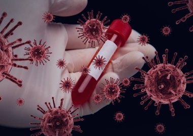 Kan örneğinin üzerinde kovid 19 hücre ve biyolojik tehlike sembolü var. küresel koronavirüs salgını ve dijital olarak üretilen sağlık konsepti.