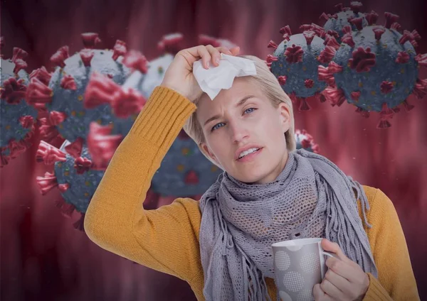 Composition Covid Cells Sick Woman Holding Tissue Cup Tea Global — Stock Photo, Image