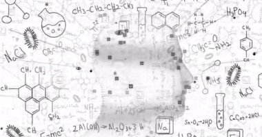 Beyaz zemin üzerinde kimyasal yapılara ve formüllere karşı dönen insan kafası. Kimya ve bilim konsepti