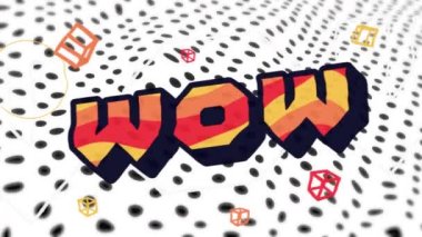 Kırmızı ve turuncu harflerle, şekilleri ve beyaz arkaplanda siyah noktaları olan wow metninin animasyonu. Retro video oyunu konsepti dijital olarak oluşturuldu.