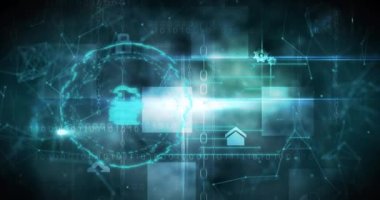 Parlak mavi arka planda çevrimiçi güvenlik kilidi olan biyometrik parmak izi animasyonu. dijital arayüz, bağlantı ve iletişim konsepti dijital olarak oluşturulmuş video.