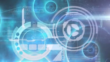 Mavi arka planda dürbün taraması ve veri işleme animasyonları. dijital arayüz, küresel bağlantı ve dijital olarak oluşturulan iletişim konsepti.