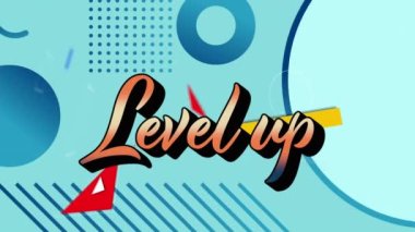 Mavi arkaplandaki geometrik şekiller üzerinde gradyan turuncu metnin canlandırması. Retro video oyunu konsepti dijital olarak oluşturuldu.