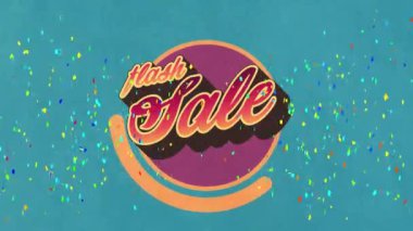 Retro konuşma balonunda flaş satış metninin animasyonu ve konfetilerin maviye düşmesi. Retro perakende satış konsepti dijital olarak oluşturulmuş video.