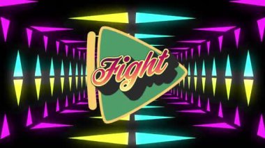 Arka planda yeşil, neon sarı, mavi ve pembe üçgenler üzerine dövüş metninin animasyonu. Retro video oyunu konsepti dijital olarak oluşturuldu.