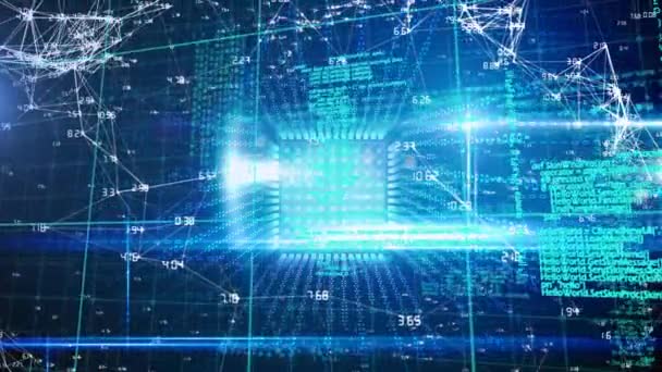 Animation de réseaux de connexions et de traitement de données sur fond bleu. interface numérique, connexion globale et concept de communication vidéo générée numériquement.