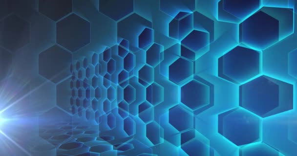 Animation Glowing Light Network Blue Hexagons Background Digital Interface Global — Stock Video