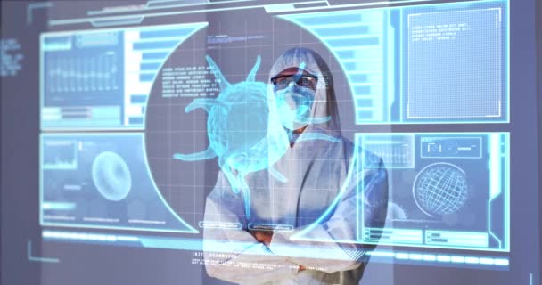 Covid 19細胞と医療データを備えたデジタルスクリーンの後ろにいる男性科学者のアニメーション 世界的なコロナウイルスのパンデミック テクノロジー 科学技術 医学の概念がデジタルで生成されたビデオ — ストック動画
