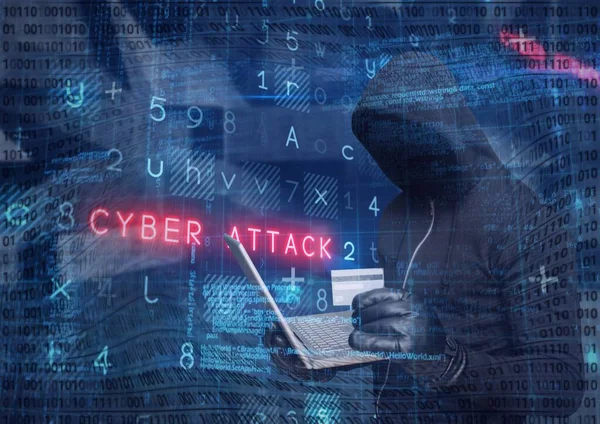 Kili Kodlama Siber Saldırı Uyarı Metninin Kompozisyonu Bilgisayar Kullanarak Mahalledeki — Stok fotoğraf