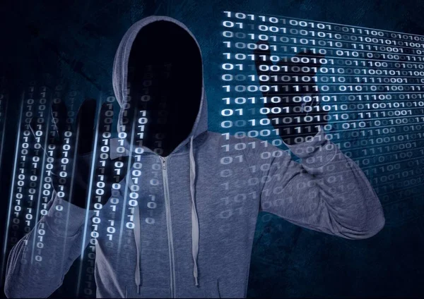 Σύνθεση Δυαδικής Κωδικοποίησης Πάνω Από Χάκερ Στο Καπό Που Αγγίζει — Φωτογραφία Αρχείου