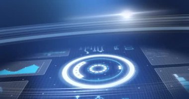 Mavi arkaplan üzerindeki ekranlardaki istatistik kayıt ve taramalarının animasyonu. dijital arayüz, küresel bağlantı ve dijital olarak oluşturulan iletişim konsepti.