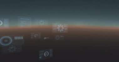 Veri işleme ve dürbünün gradyan arkaplan üzerindeki ekranlarda taranması. dijital arayüz, küresel bağlantı ve dijital olarak oluşturulan iletişim konsepti.