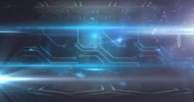 Altıgen ağ ve parlayan ışıklarla devre kartı elementlerinin animasyonu. dijital arayüz, bağlantı ve iletişim konsepti dijital olarak oluşturulmuş video.