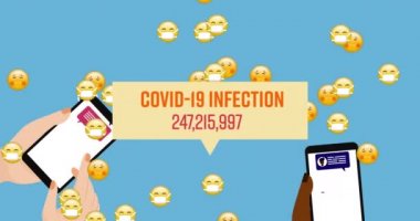 Covid 19 enfeksiyonu, artan vakalar ve akıllı telefonlar kullanarak ellere doğru düşen emojiler. küresel ağ oluşturma ve covid-19 salgın konsepti