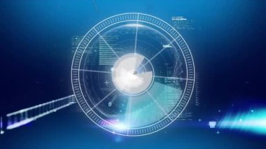 Yuvarlak tarayıcının dijital animasyonu ve mavi arkaplan ile veri işleme. bilgisayar arayüzü ve teknoloji kavramı