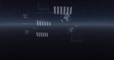 Veri işleme animasyonları, dönen küreler ve evren üzerinde kaydedilen istatistikler. dijital arayüz, küresel bağlantı ve dijital olarak oluşturulan iletişim konsepti.