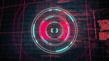Duvardaki veri işlemesine karşı neon yuvarlak tarayıcının dijital animasyonu. bilgisayar arayüzü ve teknoloji kavramı