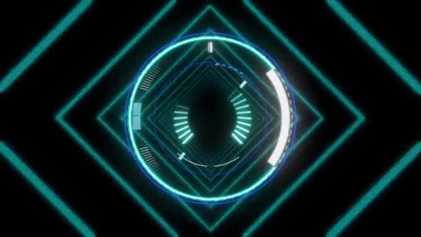 黒の背景に移動同心円状の正方形に対するネオンラウンドスキャナのデジタルアニメーション コンピュータ インターフェースとテクノロジーの概念 — ストック動画