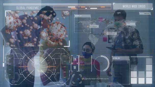 Animering Statistik Inspelning Och Covid Celler Över Människor Kontoret Bär — Stockvideo