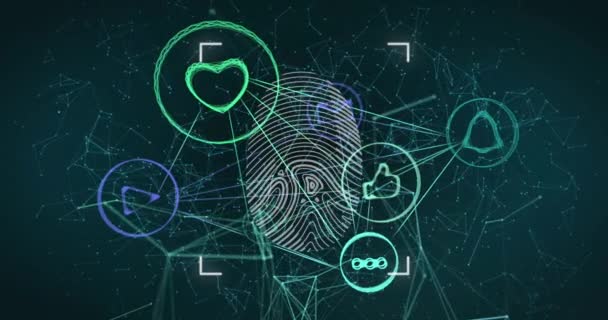 Netzwerk Digitaler Symbole Über Biometrischen Fingerabdruckscanner Gegen Netzwerk Von Verbindungen — Stockvideo