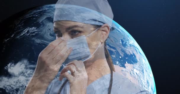 Animering Kvinnliga Läkare Som Bär Ansiktsmask Över Hela Världen Global — Stockvideo