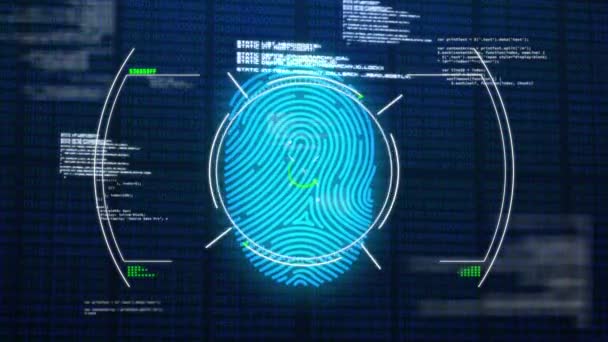 青の背景でデータ処理に対する生体認証指紋スキャナ上のスコープスキャン サイバーセキュリティとテクノロジーの概念 — ストック動画