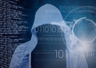 Kar maskeli hackerlar için ikili kodlama ve veri işleme kompozisyonu. çevrimiçi siber güvenlik konsepti dijital olarak oluşturulmuş görüntü.