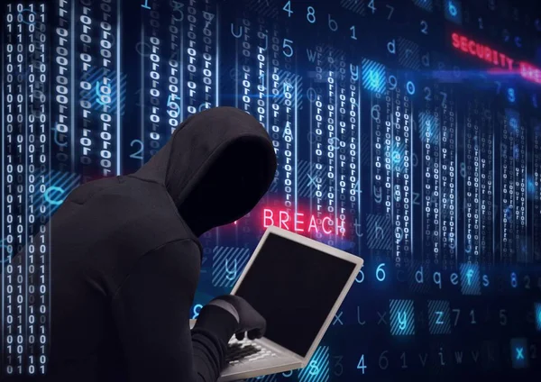 Sammansättning Binär Kodning Och Brottslighet Varningstext Över Hacker Huven Med — Stockfoto