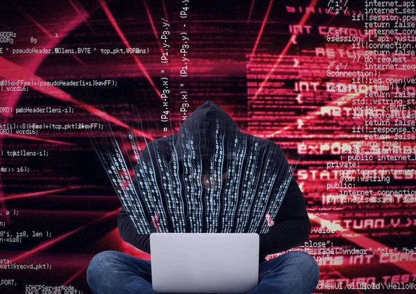 Composition of data processing and binary coding over hacker in hood using laptop. online security and cyber attack concept digitally generated image.