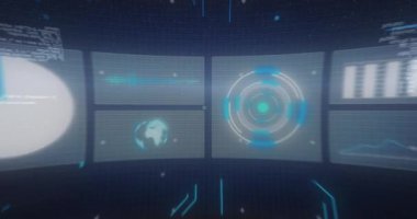 Kapsam taraması animasyonu, istatistik kaydı, ekranlarda küresel dönüşler ve veri işleme. dijital arayüz, küresel bağlantı ve dijital olarak oluşturulan iletişim konsepti.