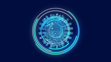 Mavi arkaplanda dönen dijital simgelerden oluşan bir dünya üzerinde neon mavi yuvarlak tarayıcı. bilgisayar arayüzü kavramı