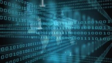 Mavi zemin üzerinde dünya haritası üzerinde ikili kodlama veri işleme. bilgisayar arayüzü ve teknoloji kavramı