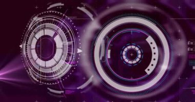 Yuvarlak tarayıcı ve mor arkaplan üzerinde veri işleme ile dijital arayüz. bilgisayar arayüzü teknolojisi kavramı