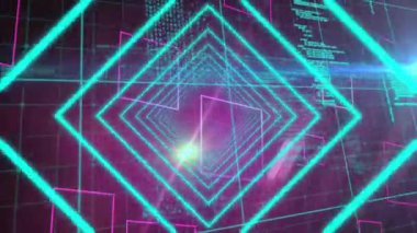 Mor arkaplandaki veri işlemesine karşı parlayan tünelin dijital animasyonu. bilgisayar arayüzü ve teknoloji kavramı